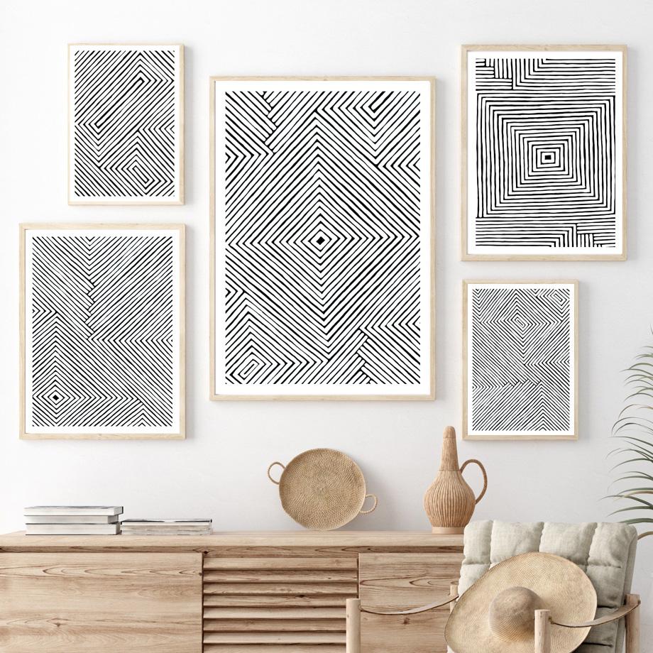 Linea geometrica astratta in bianco e nero Wall Art Canvas Painting Boho Poster e stampe di immagini a parete per soggiorno Home Decor