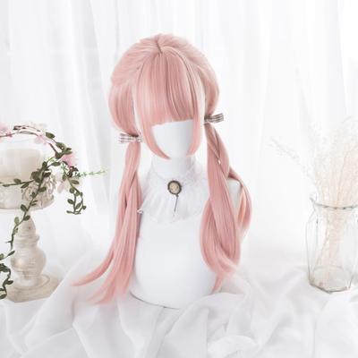 RyuuCos Lolita Long Long Twin Pink Pink Small Heat School Cultural Festival Paruka, Vlasy, Rovné, Ocasy, Paruka, Broskev, Obličej, Roztomilý, Cosplay, Odolný,