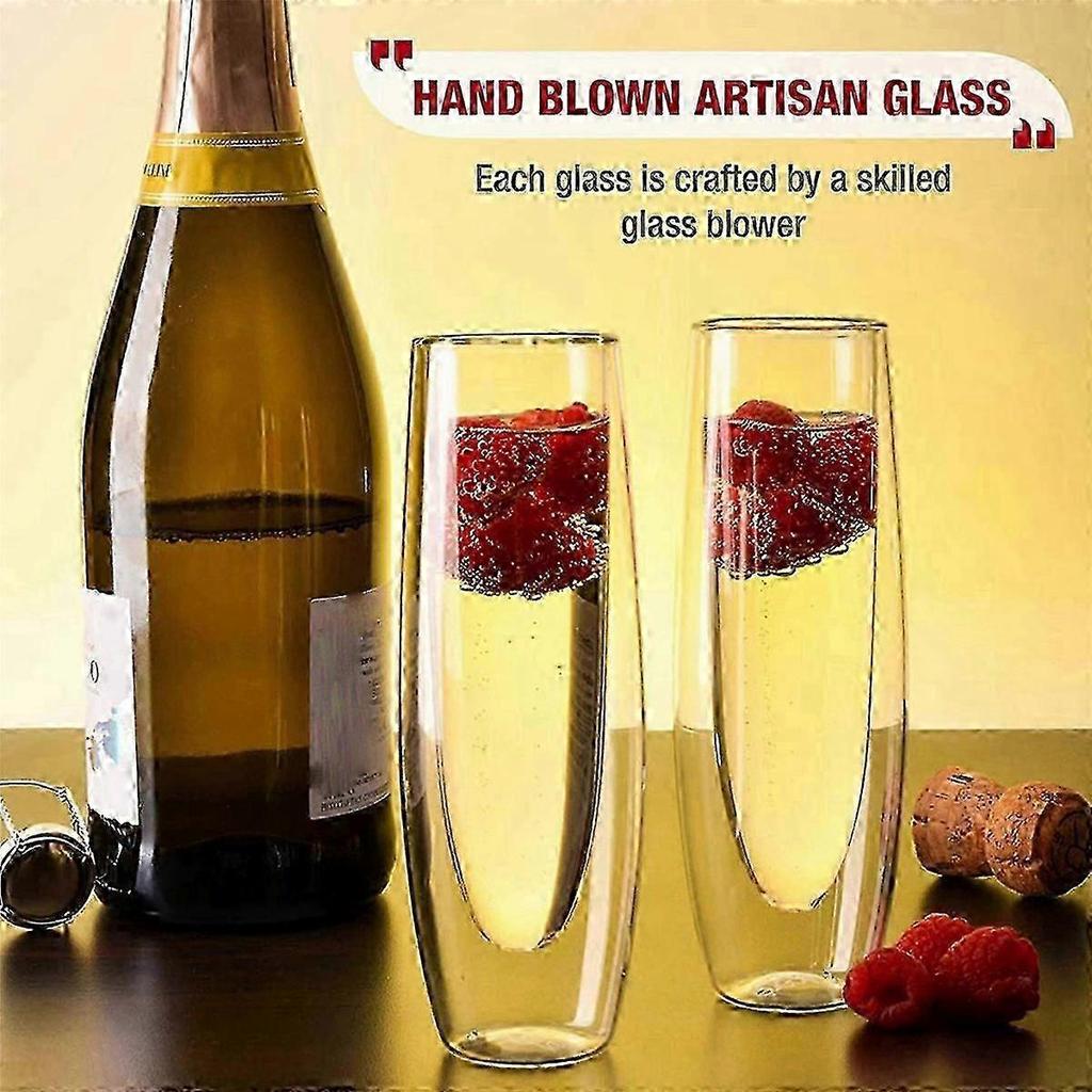 Set of 4 Clear Champagne Glasses Double Wall Design Stemless for Party Wedding 10oz