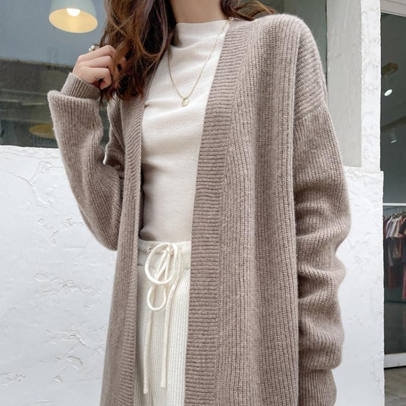Knitted Women Cardigan Autumn Winter Casual V Neck Mid Length Coat Fashion Loose Solid Color Office Lady Sweater