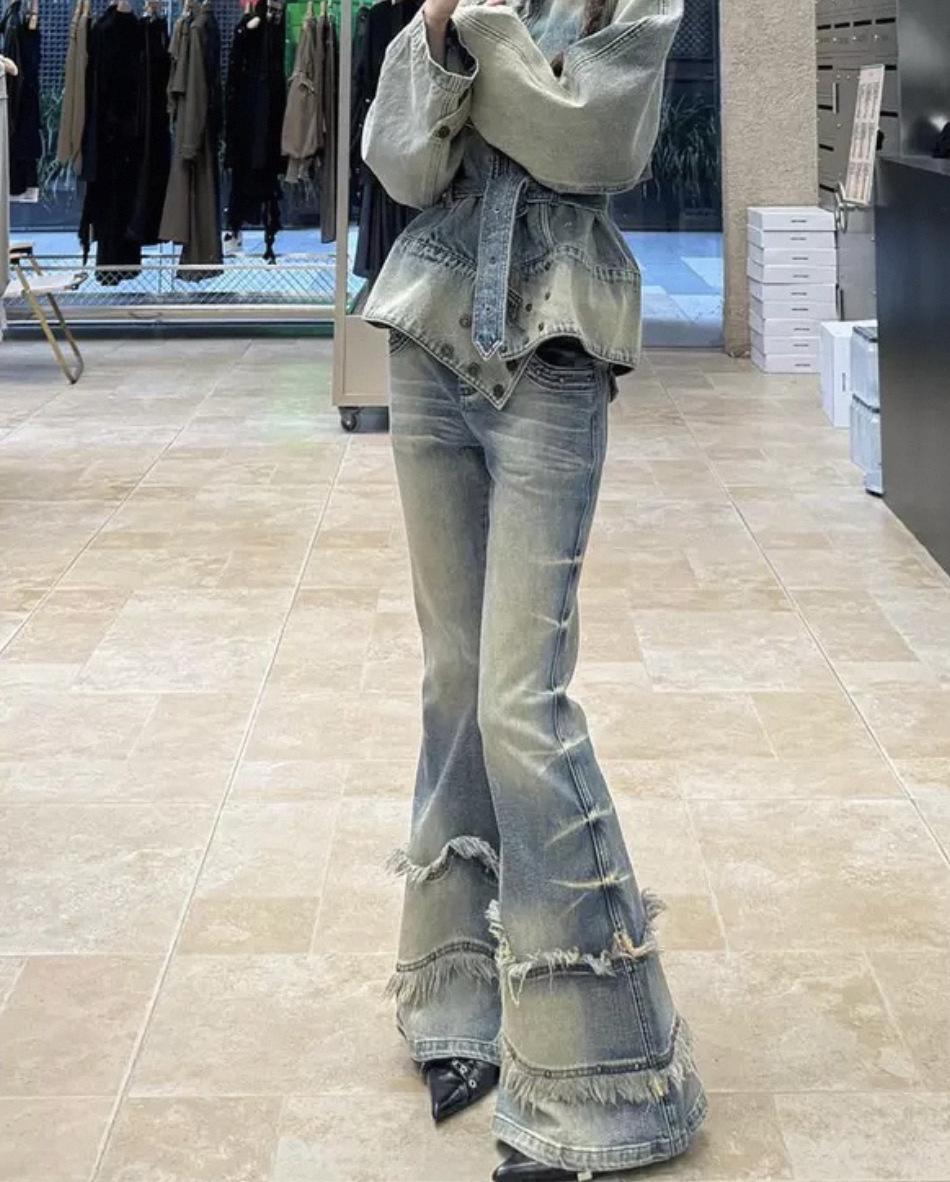 American Retro High-Waisted Micro-Flare Jeans - Women s Autumn 2025 Fringed Wide-Leg Pants Extra Large