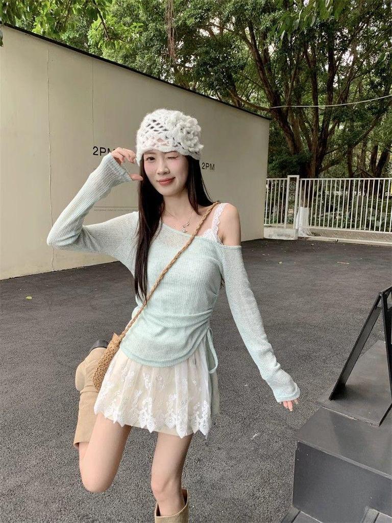 Damen Sommer 2025 Urlaubsstil Set: Spitzen-Camisole, Schulterfreier Kordelzug-Cardigan mit dünnen langen Ärmeln zum Sonnenschutz