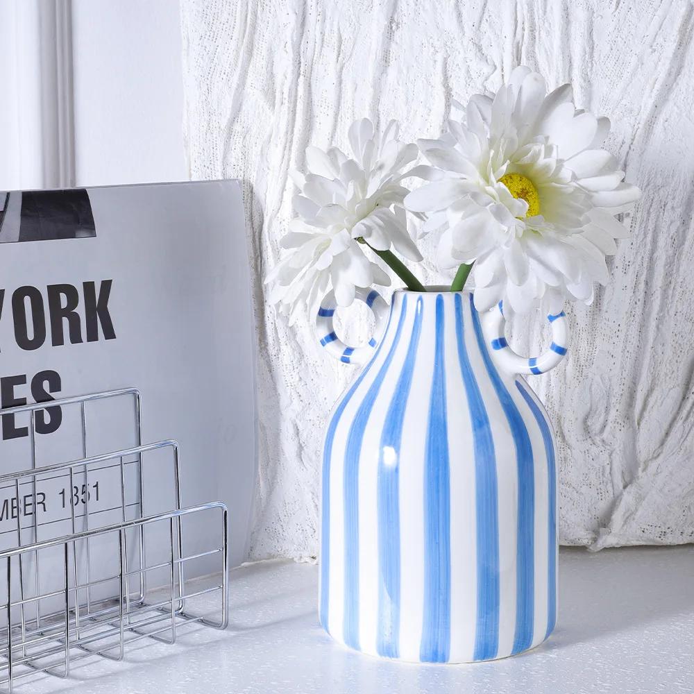 Geometric Striped Ceramic Vase Double-eared Ceramic Pot Shape Flower Vase Flower Arrangement Accessories Home Decoration