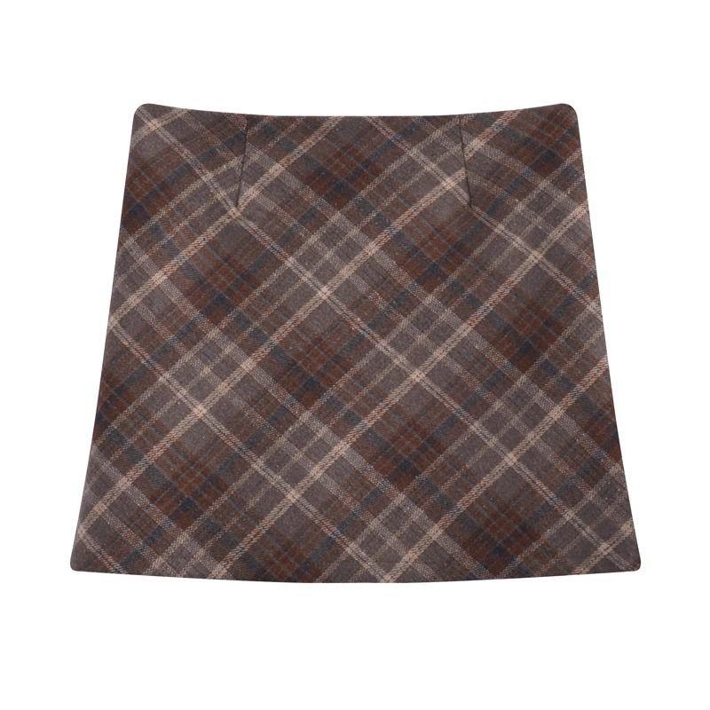 Damen Hochtaillierter Karierter Woll-Minirock - Retro A-Linie Wickelrock, Herbst/Winter Kollektion