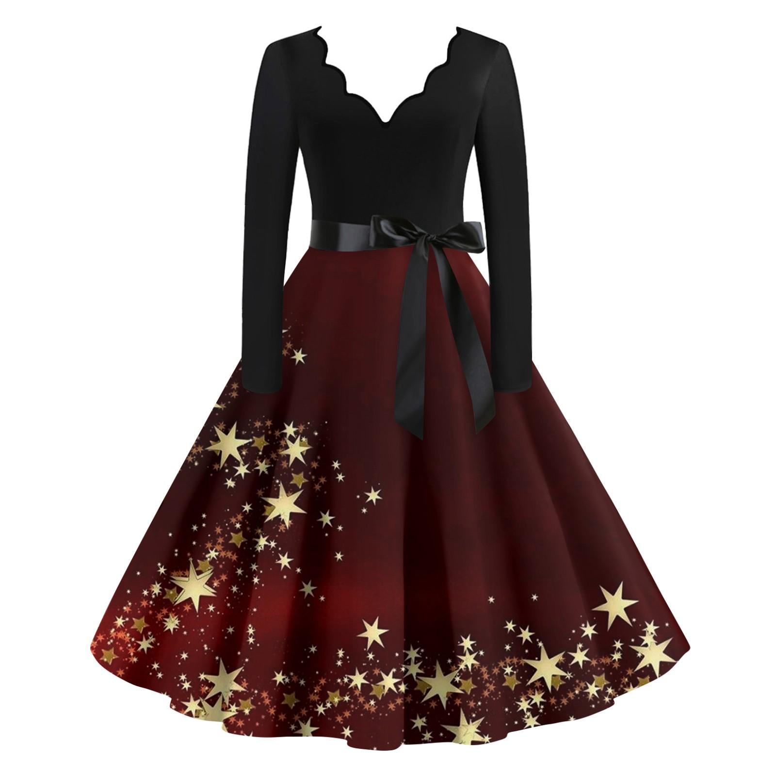 

Женское повседневное модное рождественское платье в стиле ретро с принтом снежинок и V-образным вырезом S винный