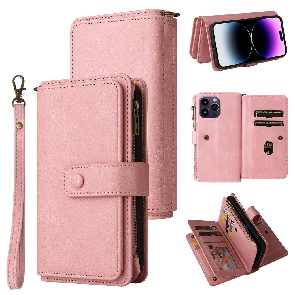 For iPhone 15 Pro Max Zipper Wallet Case with 15 Card Slots and Strap Leather Phone Cover