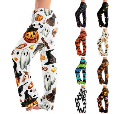Women's Halloween Print Drawstring Pants Casual Lounge Pants Elastic Waistband Relaxed Fit Full Length Trousers for Everyday Wear