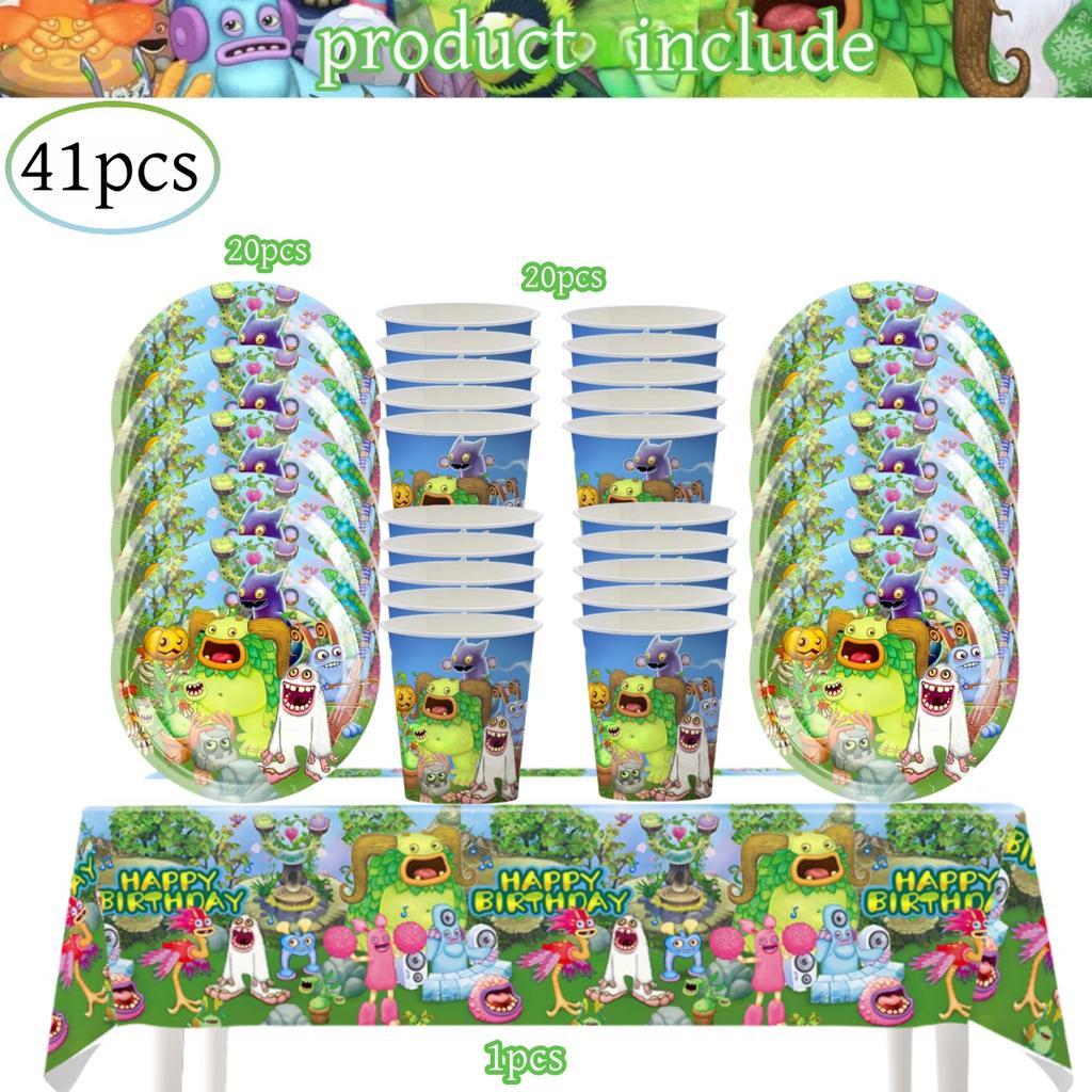 My Singing Monsters Födelsedagsdekorationer 20 personer Engångsservis Duk Tallrik Baby Shower Barnpresent Gåva Pojkfest Tillbehör