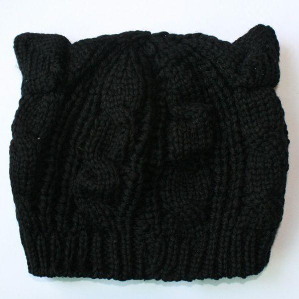 

Cute Twisted Knit Beret Fashionable Cat Ear Design Soft Icelandic Wool Hat чорний