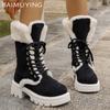 Platform Suede Women Mid Calf Snow Boots Fur Lace Up Mid Heels Cotton Shoes 2025 Trend Warm Short Plush Winter Botas De Mujer