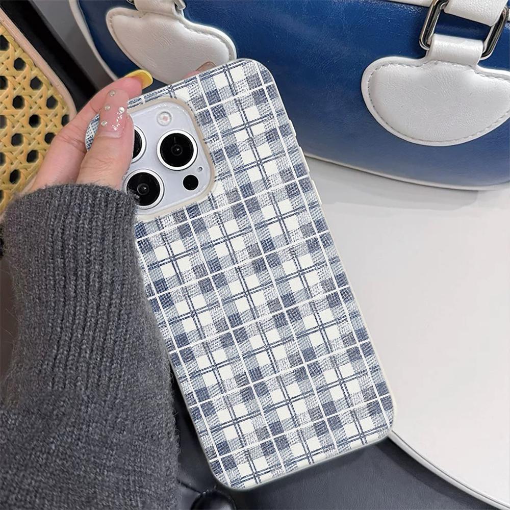 Blue White Plaid Lichee Leather Pattern Phone Case For iPhone 17 16e 16 15 14 13 12 11 Air Pro Max Plus X XR XSMax Shockproof