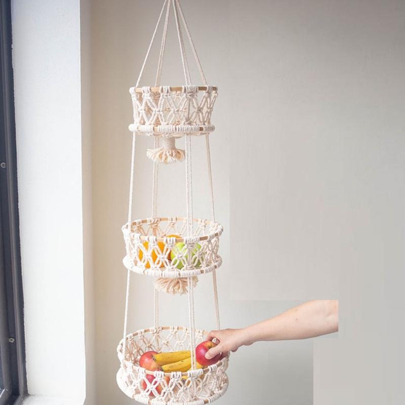 Hanging Fruit Basket 3 Tier Woven Cotton Rope Wall Baskets Kitchen Produce Storage Plant Holder Macrame Boho Home X3UC
