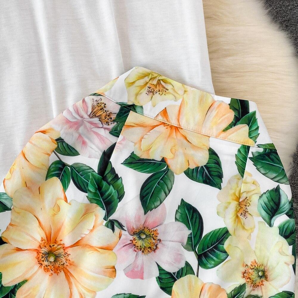 Set Female Celebrity Round Neck Patchwork Ruffle Printed Top Two Piece Set High Waist Medium Length Hip Wrap Skirt