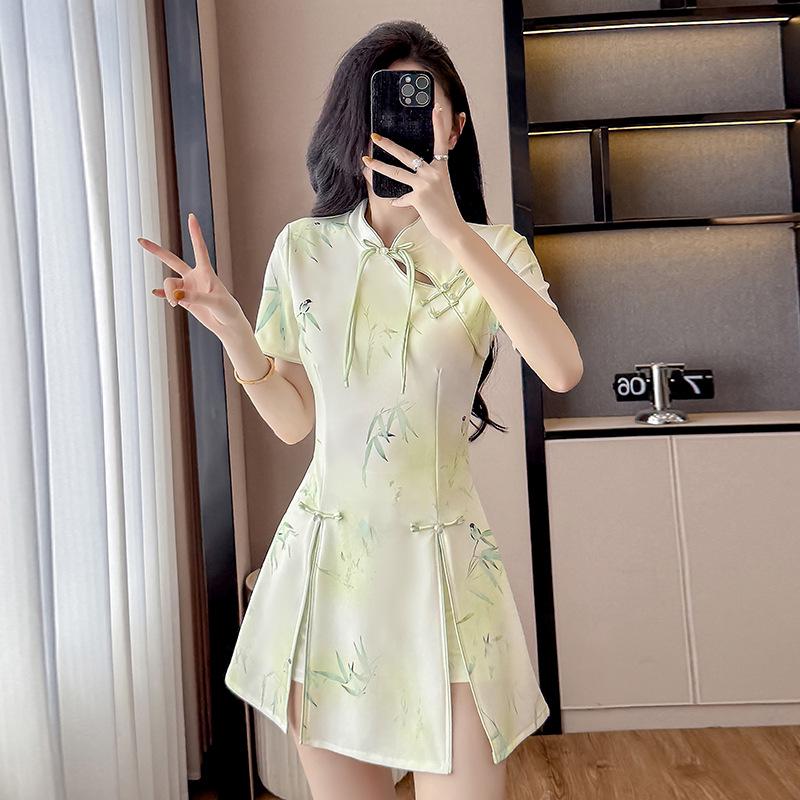 Modern Chinese Two-Piece Set: Cheongsam Dress and Shorts with Frog Button