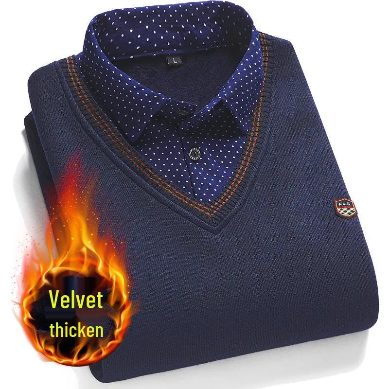 Men's Fleece-Lined Two-Piece Shirt Collar Sweater for Middle-Aged & Elderly