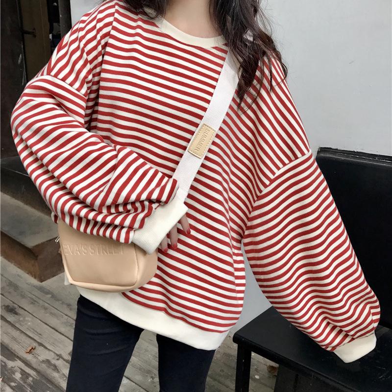 2025 Women's Korean Style Color Block Retro Stripe Hoodie - Spring/Autumn Casual Loose Fit