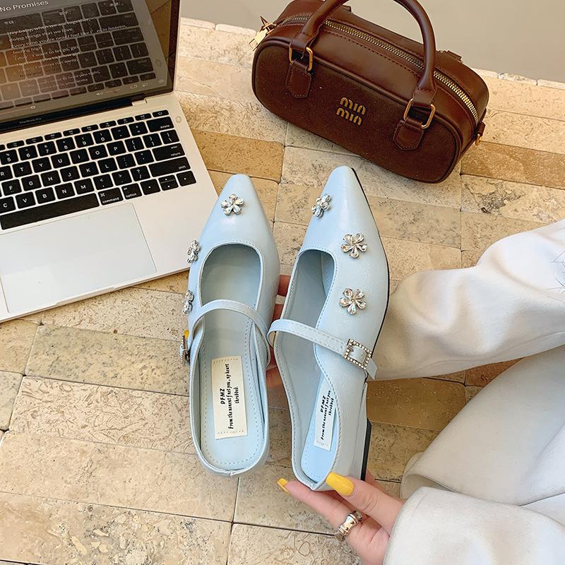 

Туфли-мюли Мэри Джейн со стразами женские летние новые носить толстый каблук серебристые высококлассные туфли-сандалии с закрытым носком Мюли 40 синий