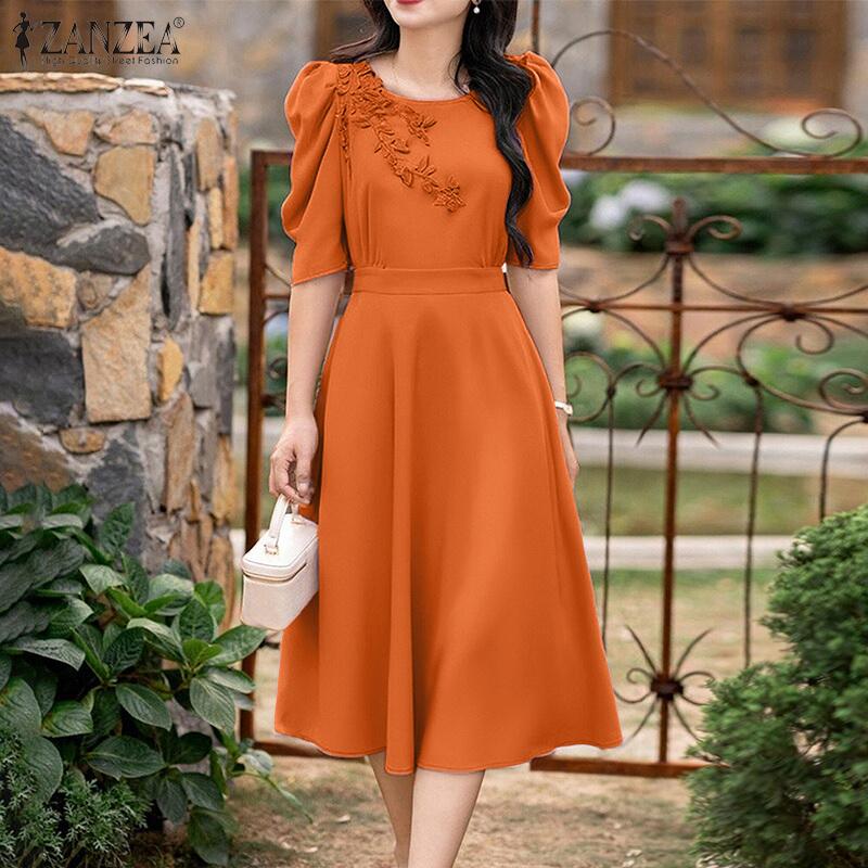 ZANZEA Damen Lässiges Patchwork-Sommerkleid mit Stickerei und kurzen Ärmeln