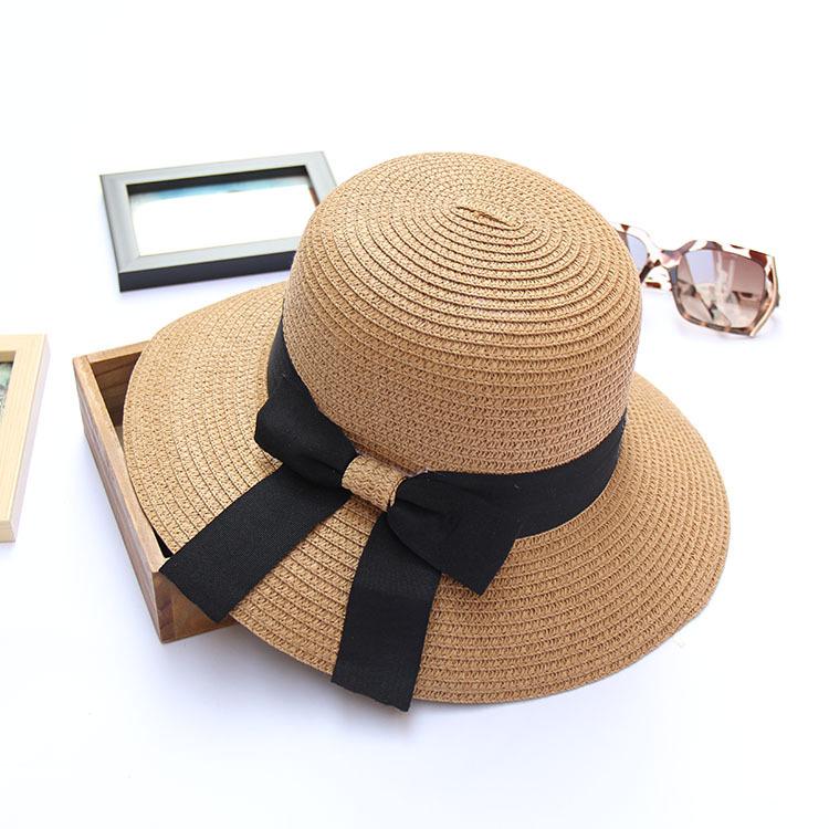 Korean Style Women's Wide Brim Straw Hat - Summer Seaside Bow Sun Protection