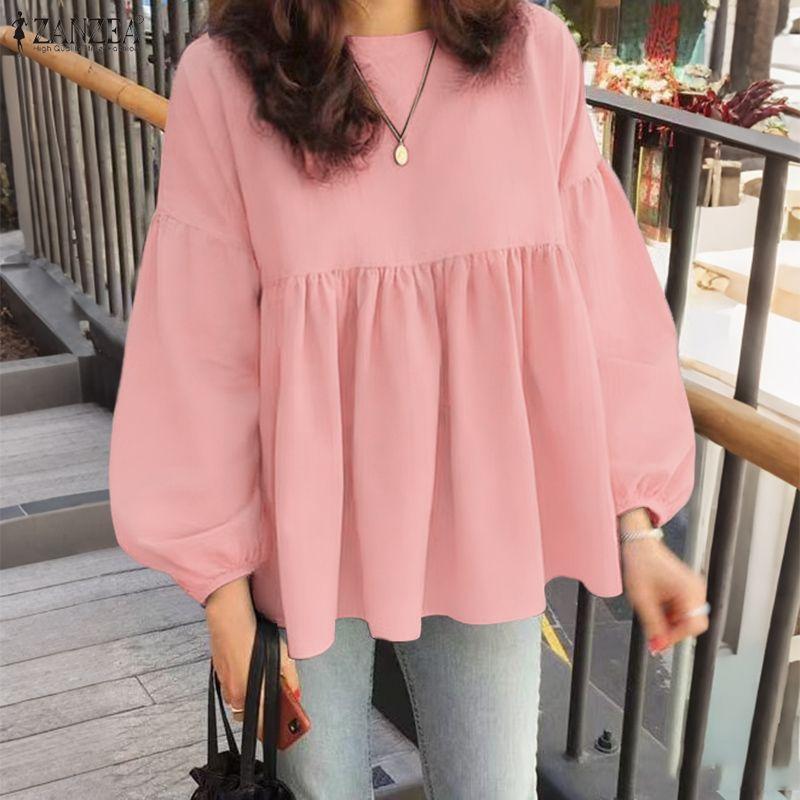 ZANZEA Women Casual Round Neck Puff Long Sleeve Loose Blouse