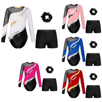 Kids Girls Long Sleeve Shiny Rhinestones Decorated Cutout Back Patchwork Leotard with V-front Waistband Shorts Hair Band for Dance Gymnastics