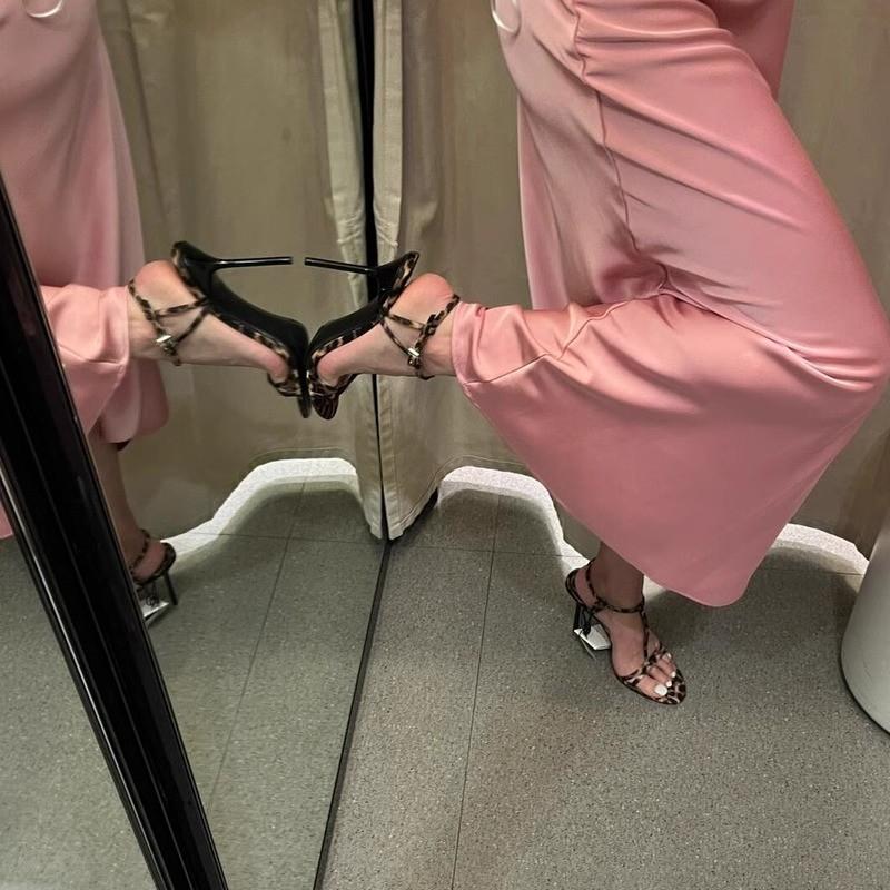 2024Leopard Print Ankle Strap Women's Sandals Summer Fashion Sexy Stiletto Heel Gladiator Sandals Narrow Strap Party Dress Pumps