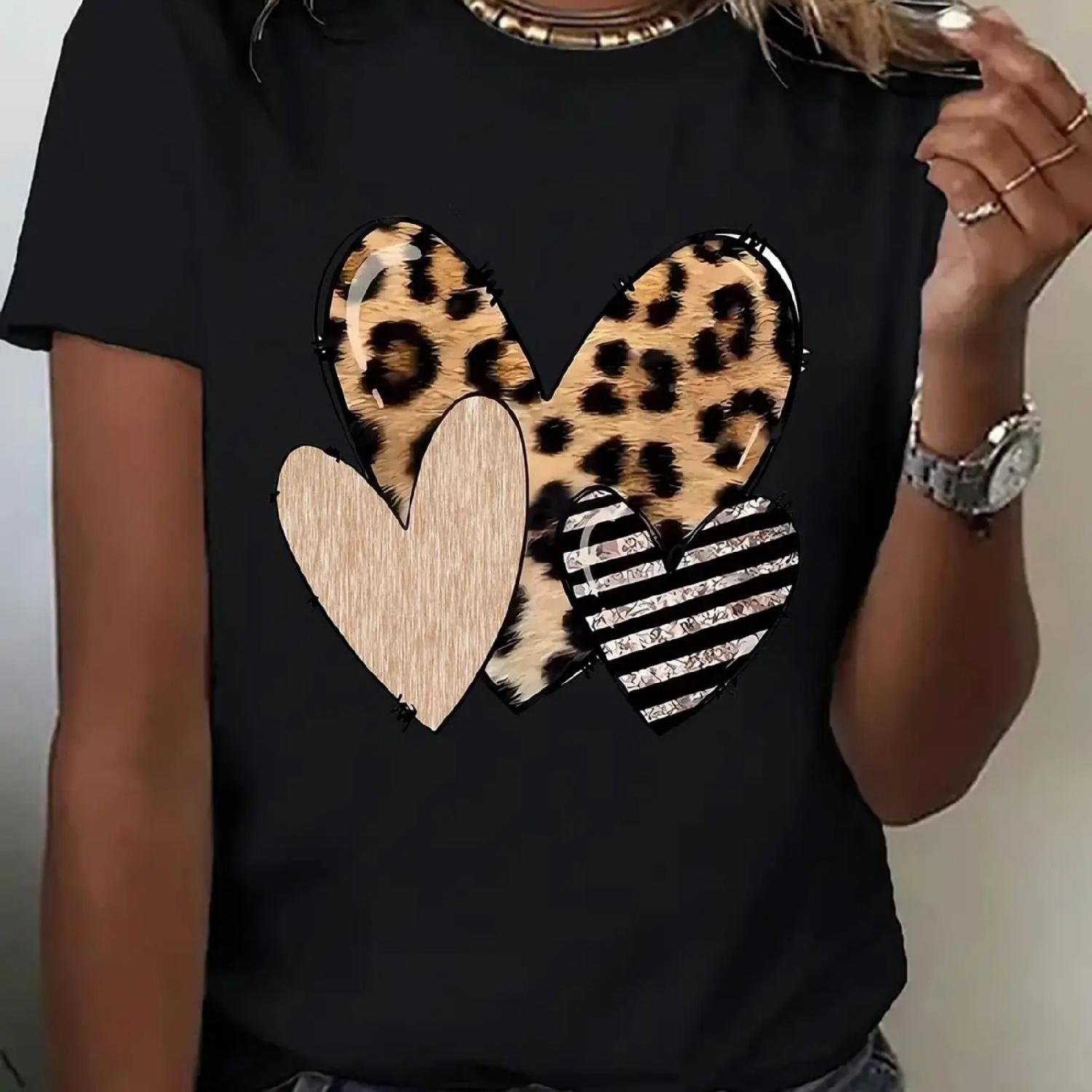 

Women s Fashion Casual Sports T-Shirt with Trendy Leopard and Striped Heart Print, Crew Neck Knit Polyester Blend Tee with Mediu XXXXXL різнокольоровий