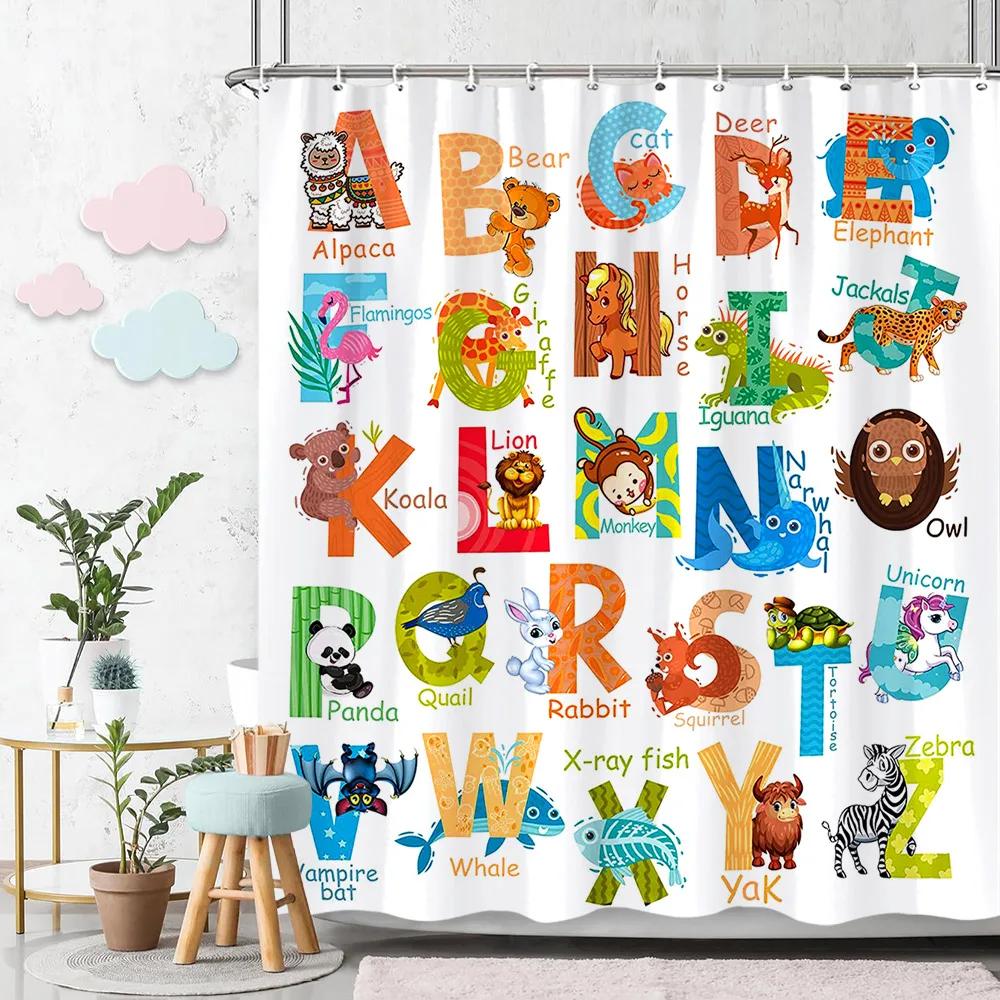 Cartoon Tier Alphabet Duschvorhang Kinder Abc Lernmittel Baby Mädchen Jungen Bunt Badevorhang Badezimmerdeko