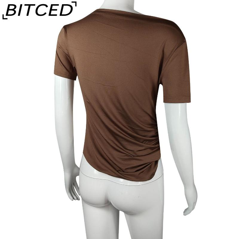 BITCED Spring/Summer Women's Slim-Fit Pleated Asymmetric Hem Short-Sleeved T-Shirt Top