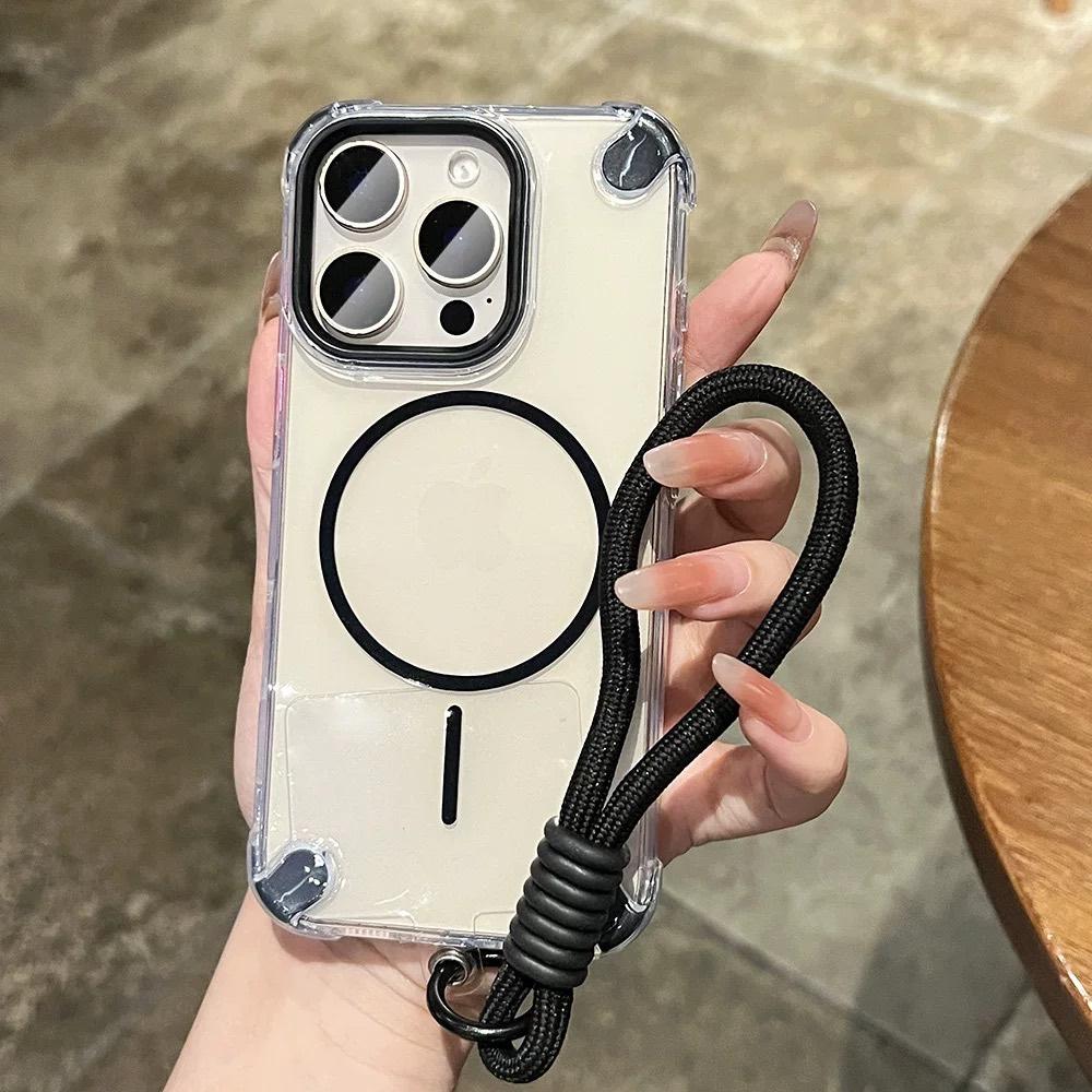 Luxury Wrist Strap Clear Color Magnetic Phone Case for iPhone 15 14 16 Plus 11 12 13 16 Pro Max Shockproof Transparent Cover