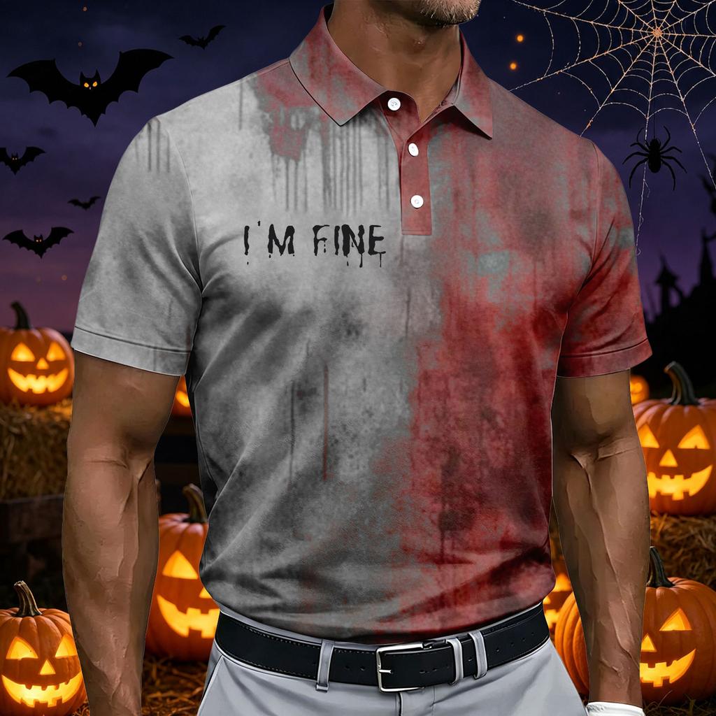 Men's Casual Short Sleeve Polo Shirt Halloween Print Breathable Lightweight Button Down Collar Summer Top