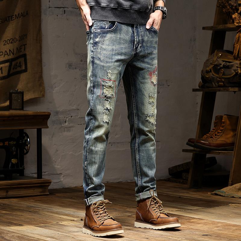 2024 European And American New Retro Distressed Jeans Men'S High-End Distressed Straight Leg Nostalgic Elastic Denim Pants
