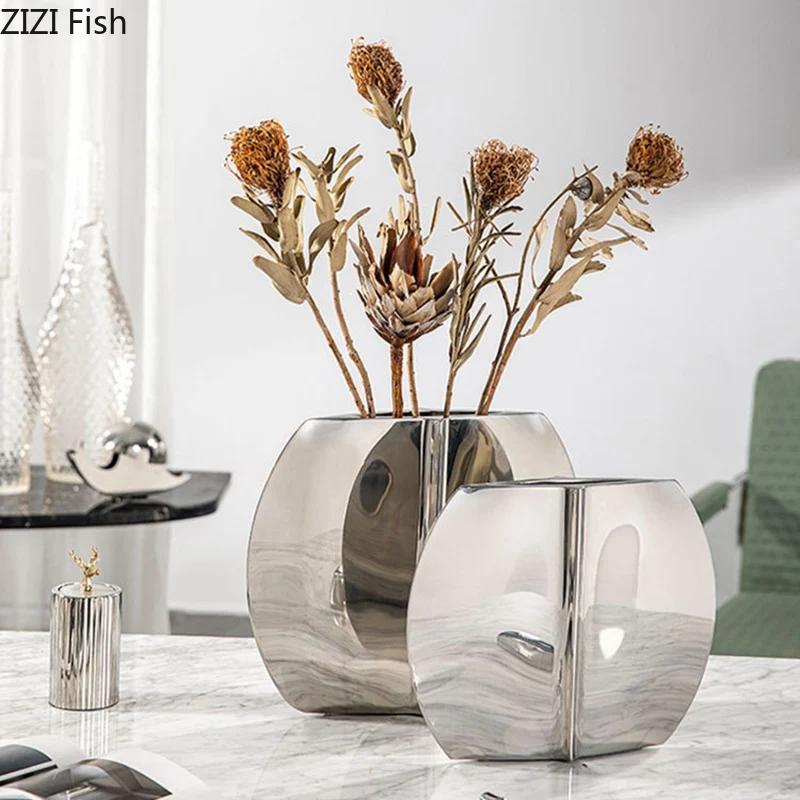 Silvery Geometry Vase Desk Decoration Flower Arrangement Artificial Flowers Decorative Floral Vases Room Aesthetic Decor