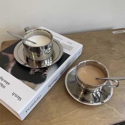 1Set Stainless Steel Coffee Mug With Spoon Saucer Placemat Heat Resistant Milk Cup Tea Mug Cup