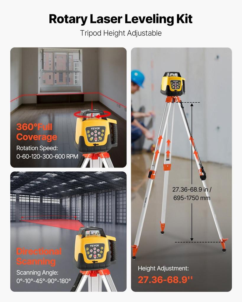 Rotary Laser Level Kit, with Tripod+Staff Gauge, Red Beam 300m Range Slope Adjustable 360-Degree Spinning, Flexible Scanning Angle, Accurate with