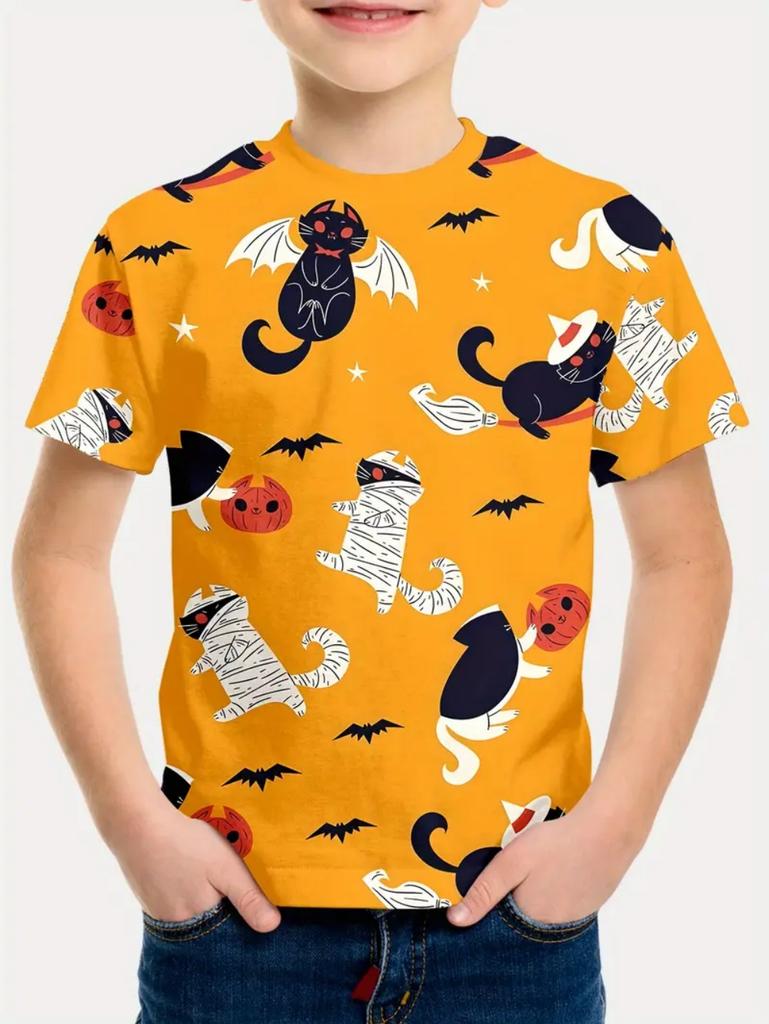 Halloween Kids Clothes Cute Pumpkin Spooky Leaves 3D Print Casual O-Neck Short Sleeve Quick-Dry Boy T-Shirts for Children