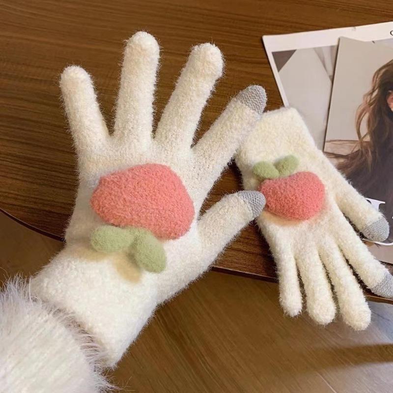 Persimmon Ruyi~ Cute Knitted Wool Gloves for Women's Winter Touch Screen Warm and Cold-proof Plush Student Cycling Gloves