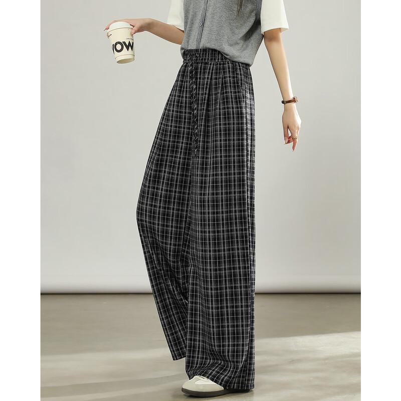 TERRE BLEUE Women's Plaid High-Waist Loose Straight-Leg Pants