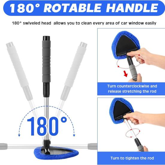 Car Windshield Cleaner Tool with Extendable Handle & Microfiber Pad Easy Grip