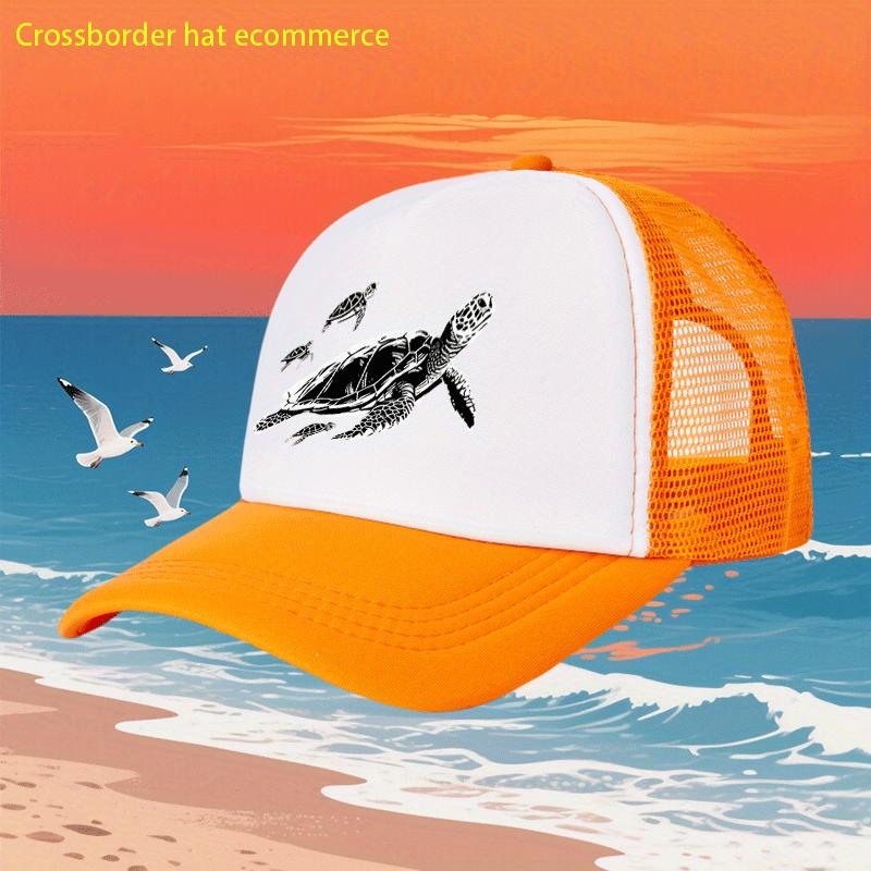 Sea Turtle Print Mesh Trucker Hat Unisex Polyester Breathable Adjustable Casual Beach Cap