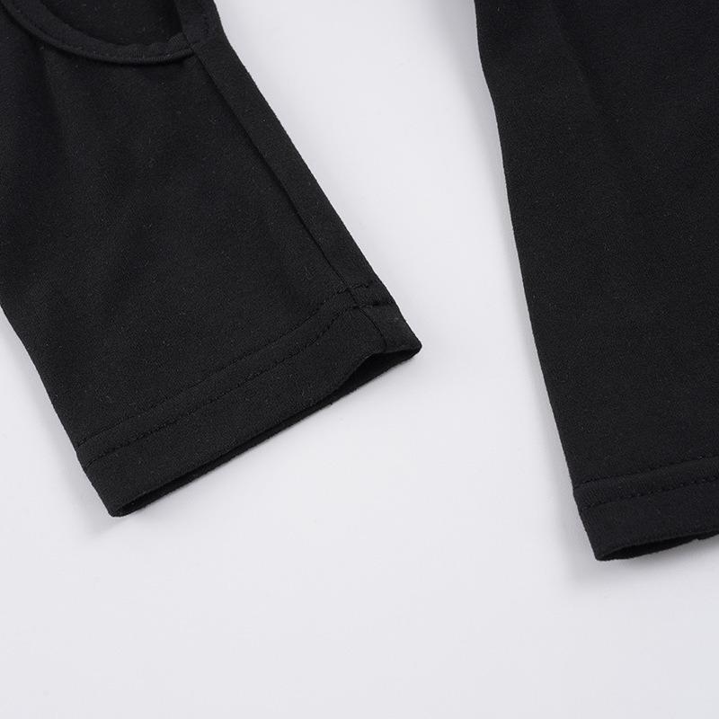 Summer New Style Hollow Design Long-sleeved T-shirt Simple Black Irregular Top for Women