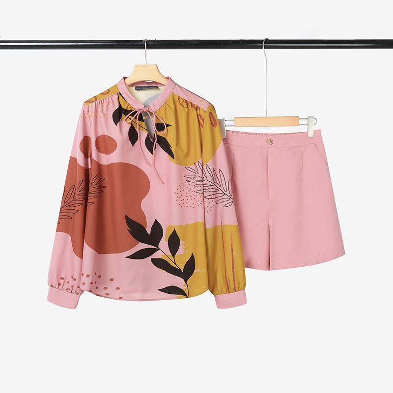 ZANZEA Women Long Sleeve Print Blouse and Shorts Casual Two Piece Suit Sets