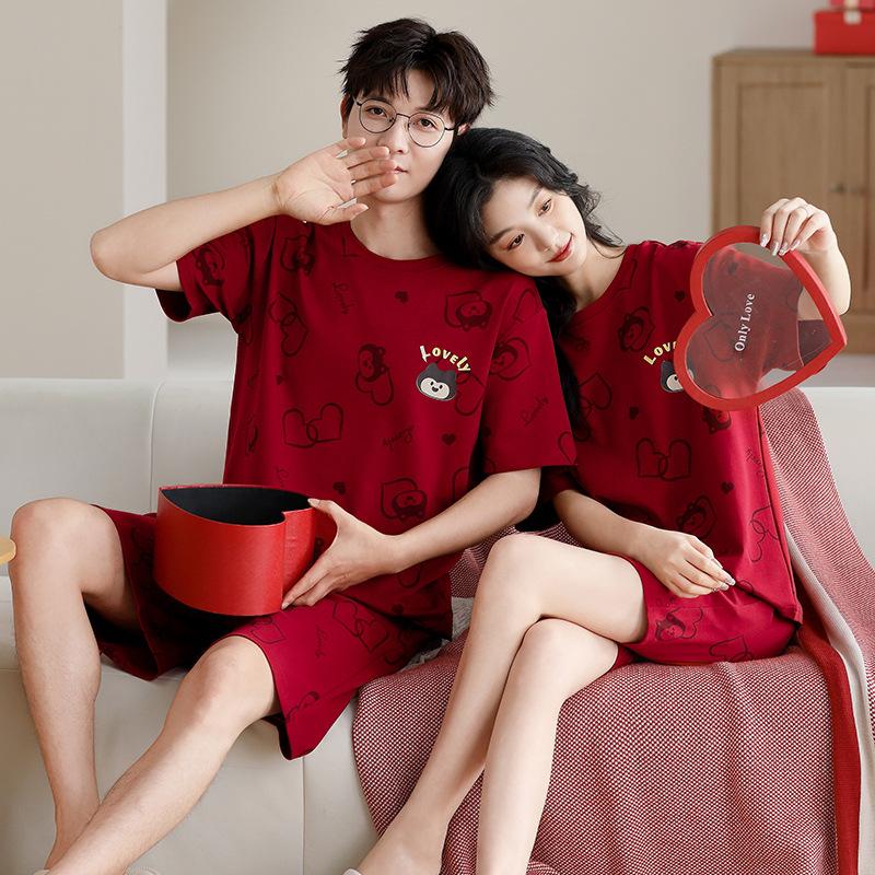 Red Pajamas Couple Summer Wedding Suit Pure Cotton Short-sleeved Men's and Women's Natal Year Cute Thin Wedding Loungewear