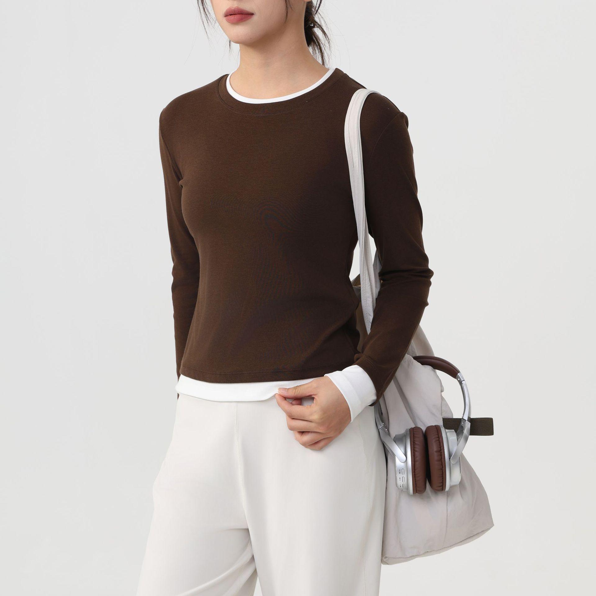 2025 Women s Yoga Fake Two-Piece Patchwork Long Sleeve Sporty Loose Base Layer Top Large