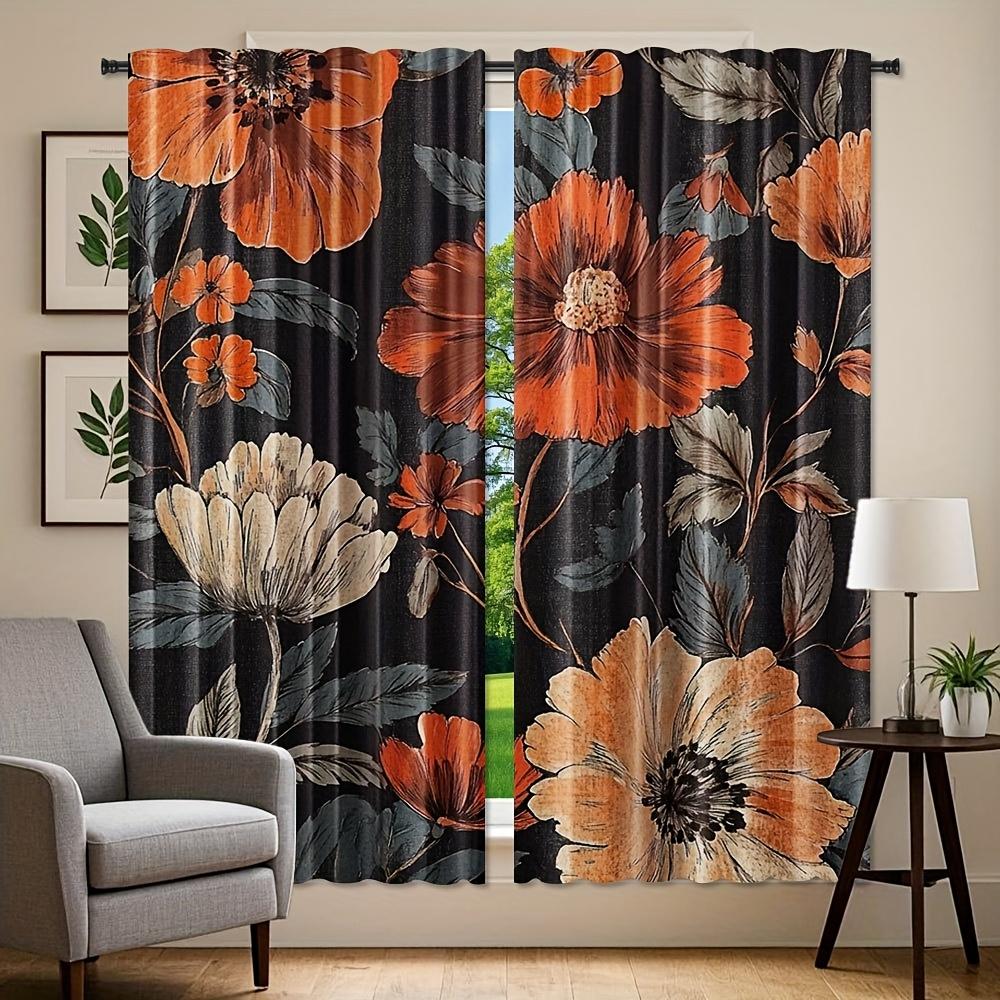2pcs   Mid Century Curtain   Black Floral Boho Curtain for Living Room and Bedroom Window Drapes