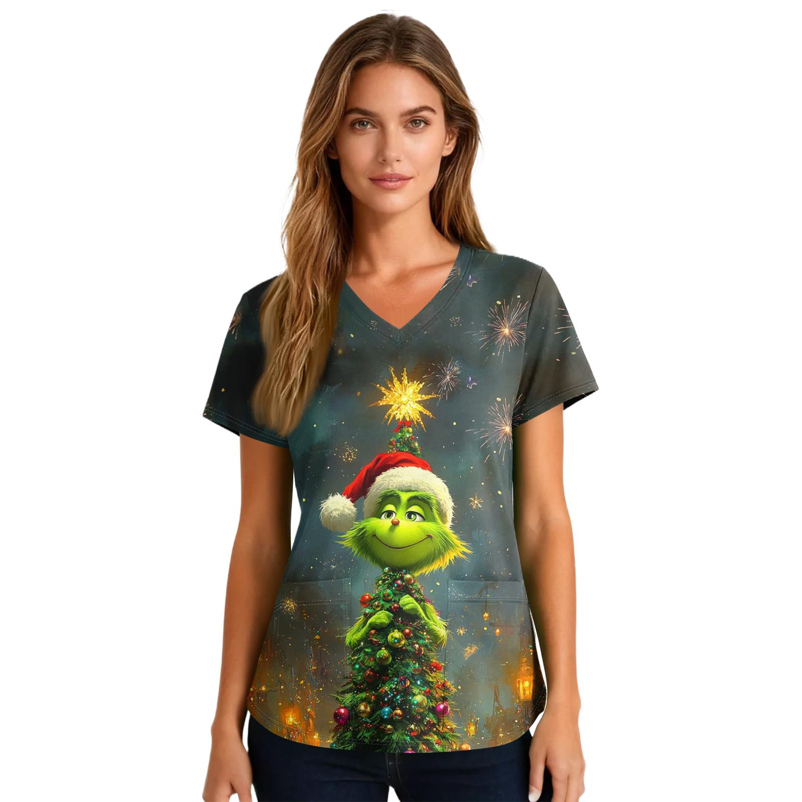 

Women s Cute Printed Work Clothes V-neck Double Layer Pockets Basic Short Sleeve Top Pullover Valentines M
