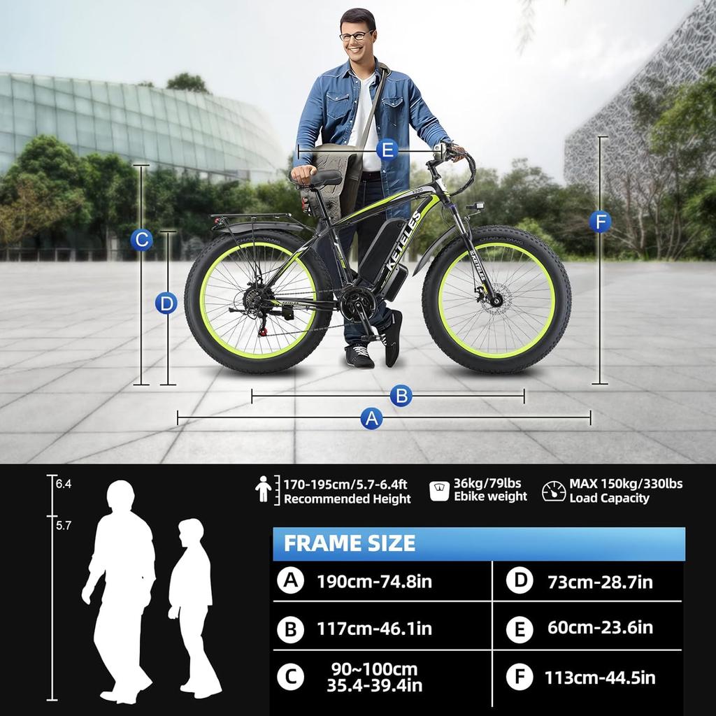 Electric Bike All Terrain Keteles 26" 1000Wx2 Motor Adult Fat Tire Electric Bicycle 21 Speed Top Speed 50Km/h Load 150Kg Green K800