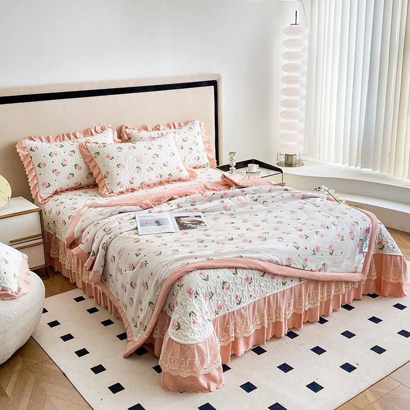 Washed Cotton And Linen Summer Cooler Comforter Bed Cover 4 Piece Set Moisture Absorbing Breathable Blanket Bed Sheet 4 Piece Set