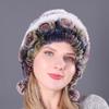 Women's Warm Rex Rabbit Fur Hat with Ear Protection and Pom-Poms