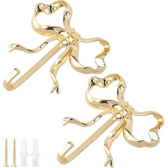 Gold Bow Wall Hook, 2Pcs Large Size Coat Hook, Metal Hook Bow Hooks for Coats, Hats, Bags, Bath Towels and Room Decorations, for Wedding Bathroom